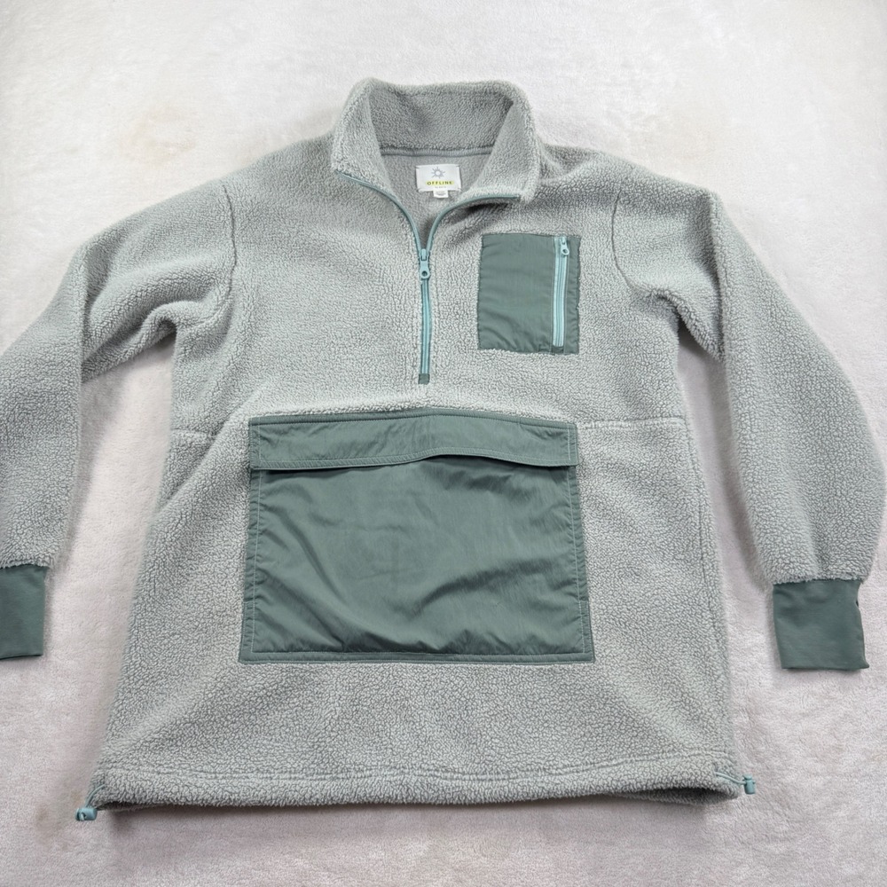 OFFLINE by Aerie Womens XS Sage Green Sherpa Fleece Quarter Zip Pullover Jacket - Picture 3 of 7